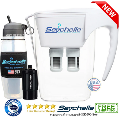 Seychelle 64oz pH20 Alkaline Water Filter Pitcher (Includes Filters) and 28oz STANDARD Flip Top Bottle (Includes Filter) Bundle