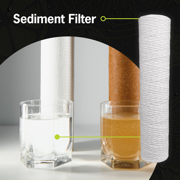 Sediment filter with a glass of clear water and a glass of brown water, highlighting the filter's effectiveness.