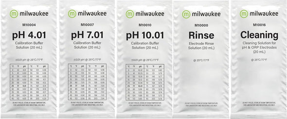 Milwaukee Instruments M1004 pH 4.01 M1007 pH 7.01 M10010 pH 10.01 Rinse M10000 Cleaning M10016 pH Calibration Solution 20mL Sachets Bundle for pH and Electrode Buffer