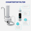 Countertop water filter with features highlighted on a white background