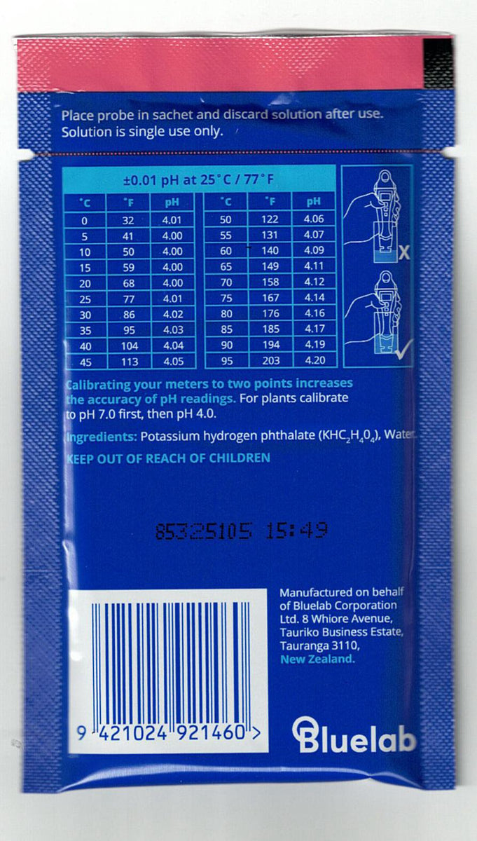 Bluelab pH 4.0 Calibration Solution – 18 ml Sachet | pH Buffer for ...