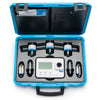 Portable pressure testing kit with digital display in a blue case on a white background
