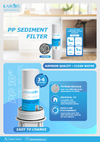 KAROFI PP sediment filter with product details and benefits on a blue background