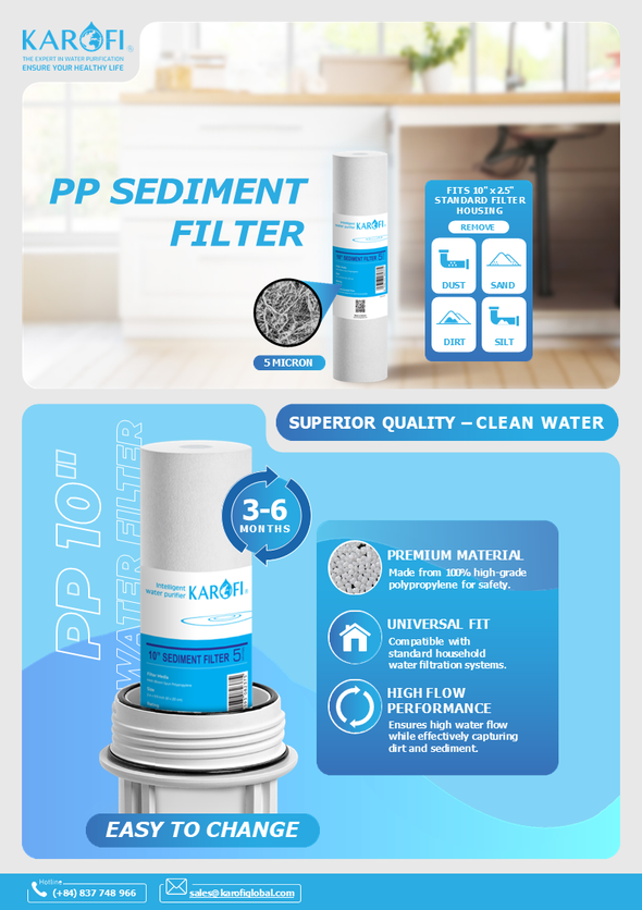 KAROFI PP sediment filter with product details and benefits on a blue background