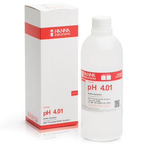 Hanna Instruments pH 4.01 buffer solution bottle and packaging on a white background