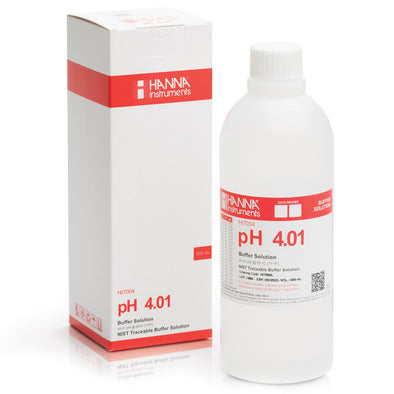 Hanna Instruments pH 4.01 buffer solution bottle and packaging on a white background