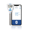Hanna pH meter and smartphone displaying pH and temperature readings on a white background